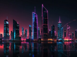 Digital cityscape with neon lights and futuristic buildings.
