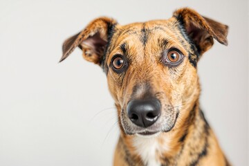 Obraz premium Close-up Portrait of a Playful Dog with Distinctive Coat Patterns Against a Neutral Background