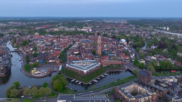 Zwolle, City in the Netherlands at Evening time. Aerial of the medieval Peperbus tower and citycenter during sunset.