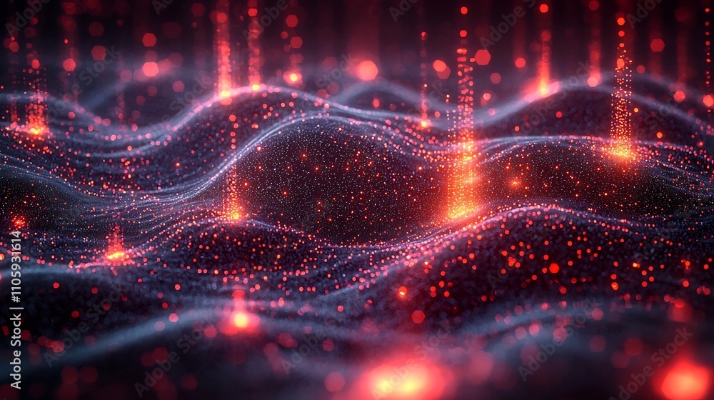 Poster visualizing ai driven fraud detection in dynamic data streams with glowing red flags