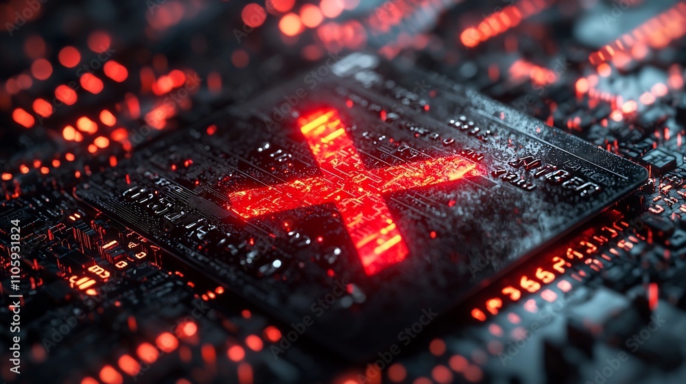 Poster glowing red x on credit card over binary code representing blocked fraudulent transaction
