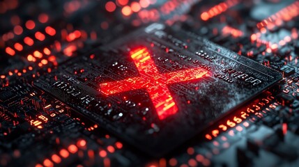 Glowing Red X on Credit Card Over Binary Code Representing Blocked Fraudulent Transaction