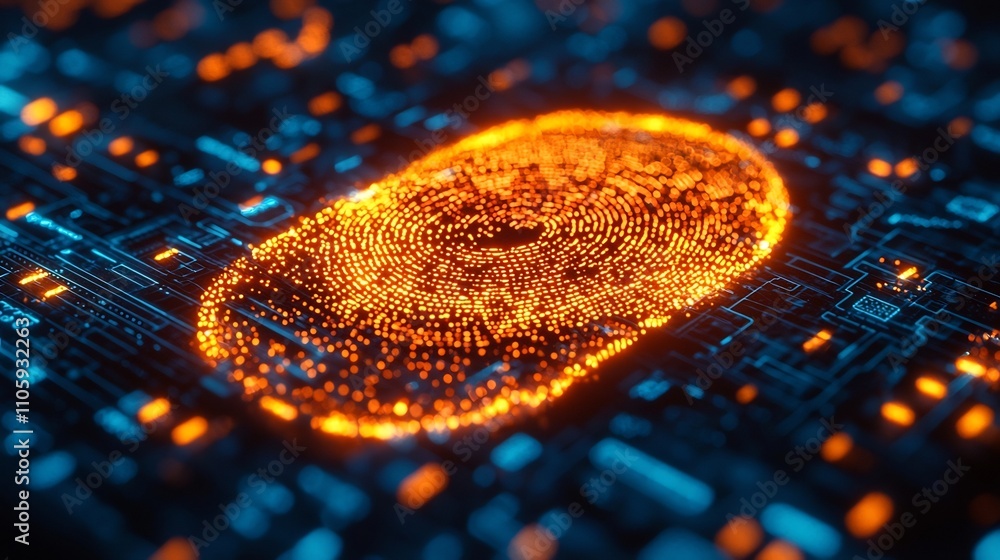 Poster glowing digital handprint overlaying stack of currency for biometric financial authentication and fr