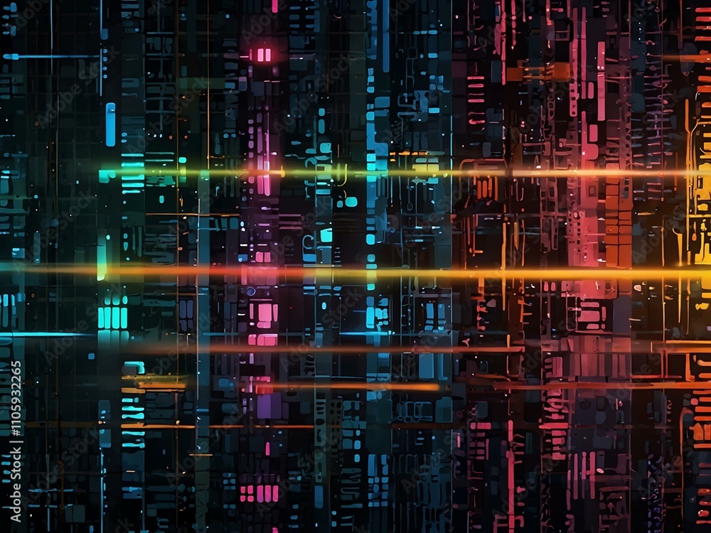 Poster digital grid-like pattern with colorful futuristic technology theme.