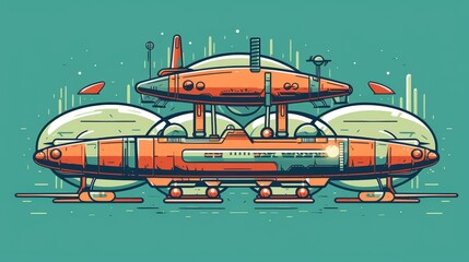 Futuristic spacecraft design featuring bright colors and a retro aesthetic.