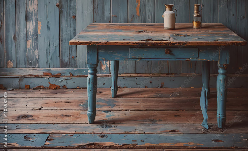 Poster Blue table with a white pitcher on top of it. The table is empty. The pitcher is white and has a yellow lid