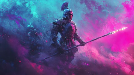 Futuristic Knight with Spear Surrounded by Colorful Smoke Cloud