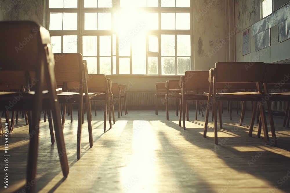 Poster sunlight streaming through classroom window illuminating empty chairs in an old school setting with 