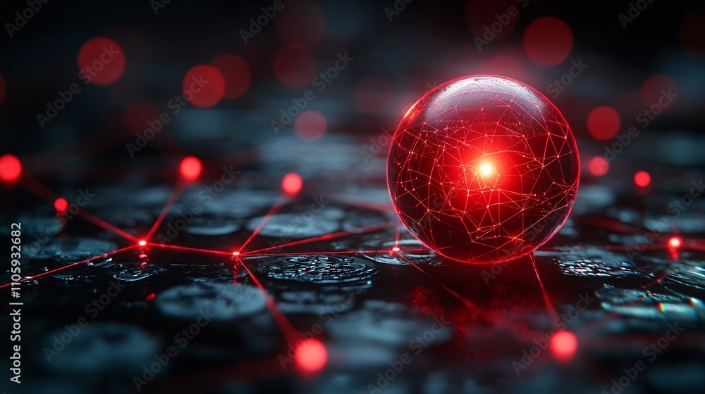 Poster glowing sphere amid a web of digital financial transactions signifying fraud detection