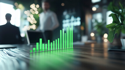 Rising green bar chart depicted on a table in an office, businessman in the blurry background, with a corporate boardroom background