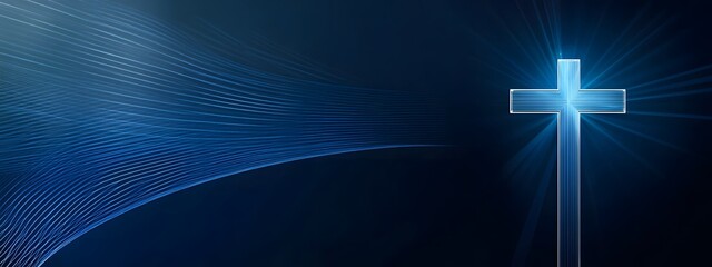Modern christian background with cross and blue rays on dark blue background vector illustration white line drawing