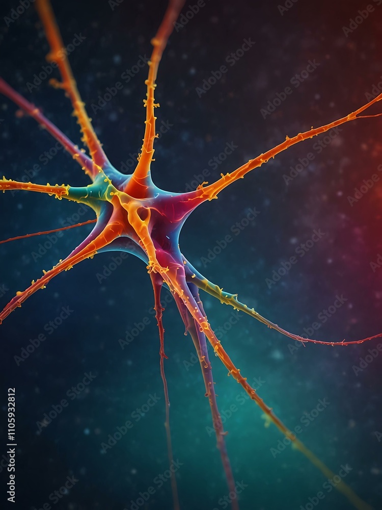 Poster digital illustration of a synapse with a colorful background.