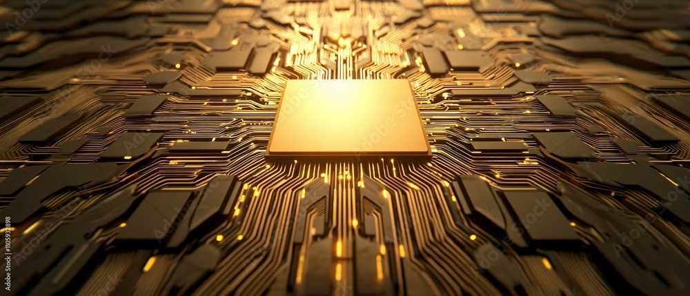 Poster data it technology security and spy concept. golden microchip on a circuit board with intricate patt