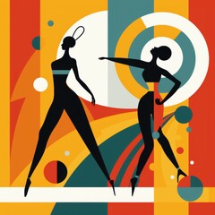 Two elegant, stylized figures in a vibrant, abstract setting showcasing movement and grace.