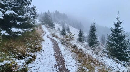 Bike trail through a snowy alpine landscape, with snow-covered evergreens and a misty sky
