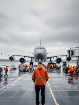 Airfield Operations with Ground Crew in Safety Gear During Overcast Weather