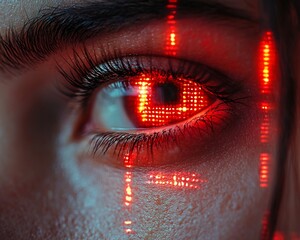 Futuristic Digital Face Scanner Identifying Fraud Attempt with Red Warning Signals and Biometric Security Systems