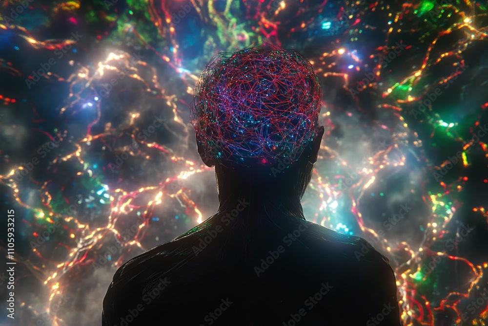 Poster surreal portrait of a human silhouette with a vibrant and colorful brain, representing neural networ