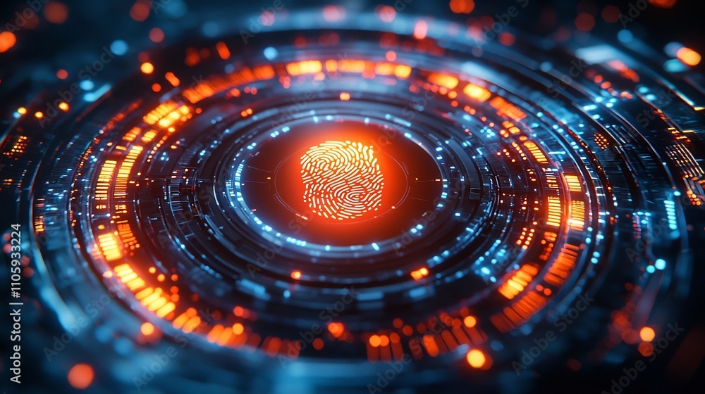 Poster holographic fingerprint scanner overlaying secure financial interface with glowing alert for unautho