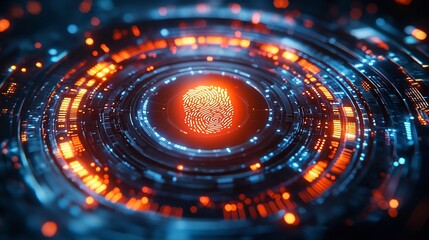 Holographic Fingerprint Scanner Overlaying Secure Financial Interface with Glowing Alert for Unauthorized Access