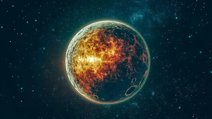 Obraz premium Explore a stunning depiction of a fiery planet surrounded by a starry cosmos. This breathtaking image captures the beauty and mystery of the universe.