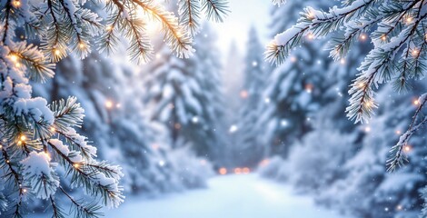 Enchanting Winter Wonderland with Snow-Covered Pines and Soft Glowing Lights