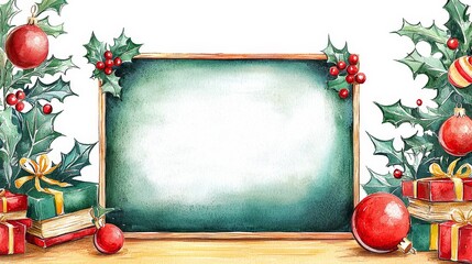 Festive Watercolor Christmas Scene with Blank Frame for Copy Space
