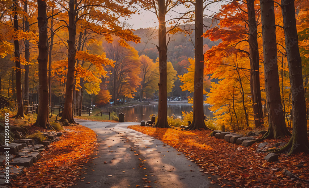 Aufkleber Road with trees on both sides and a bench on the right side. The road is lined with leaves and the bench is empty