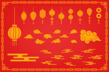 Chinese Ornament Set For Lunar Festival Decoration on Red Background and Oriental Frame