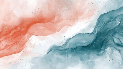 Fototapeta premium A watercolor-style background with flowing brushstrokes of coral, teal, and soft gray. The organic patterns and subtle splashes of white create an artistic yet calming effect. Ideal for elegant 
