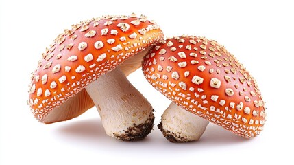 Obraz premium Two vibrant red fly agaric mushrooms with white spots, isolated on white background.