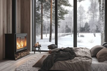 Cozy Winter Cabin Bedroom With Fireplace And Snow View