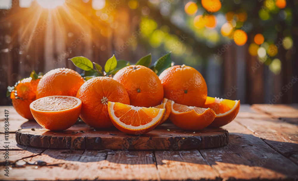 Poster Table with a wooden surface and a pile of oranges. Some of the oranges are cut in half