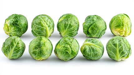 Ten fresh Brussels sprouts arranged in two rows of five on a white background.