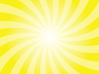 Yellow sun ray vector background. Aureolin yellow swirl radial beam sunrise or sunset light retro design illustration. Light sunburst glowing background.