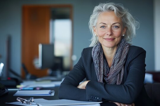 Confident middle-aged grey-haired woman working on the laptop in modern office. Beautiful simple AI generated image