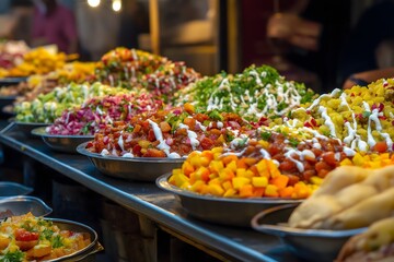 A vibrant tray of Indian chaat with colorful toppings, mint chutney, and yogurt drizzles, set against the bustling backdrop of a lively street market. Street food Photography, Menu Style Photo Image