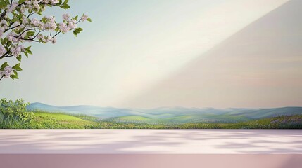 Fototapeta premium Subtle Elegance Soft Pastels Podium, front view focus, featuring a tranquil nature backdrop and social media shadows reflecting mental health challenges.