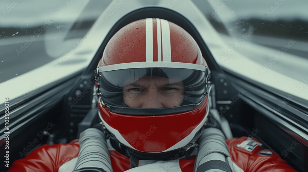 Poster Racing driver focuses intently while preparing for a high-speed run on a wet racetrack in a sleek racing car