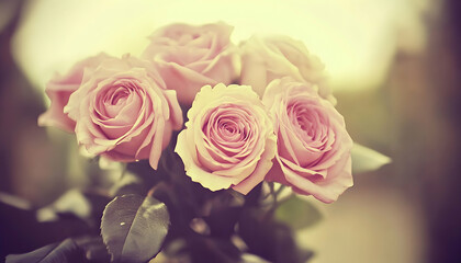 Exquisite close-up of a bouquet of delicate blush pink roses, soft lighting and vintage filter applied. Perfect for romantic or feminine designs.