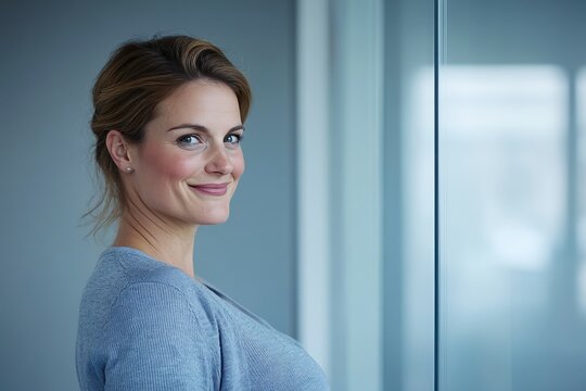 Confident middle-aged grey-haired woman working on the laptop in modern office. Beautiful simple AI generated image