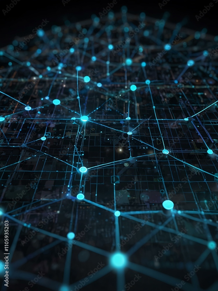 Poster digital tech illustration with futuristic grid and network.