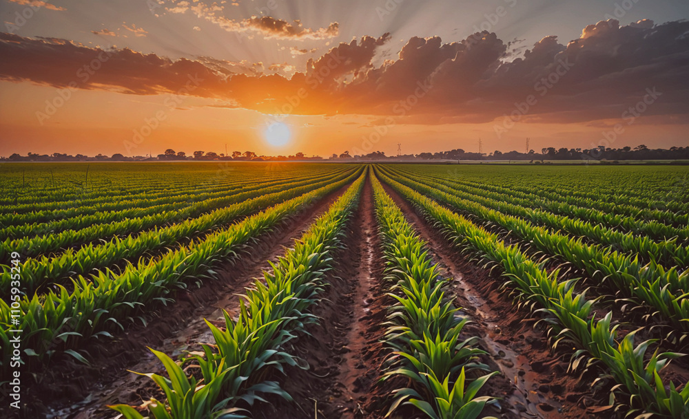 Poster field of corn with a sunset in the background. the sun is setting behind the corn. the sky is cloudy