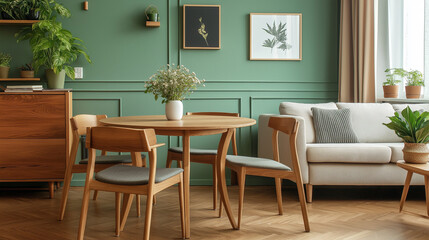 Scandinavian Mid-Century Living Room with Mint Chairs and Round Wooden Dining Table