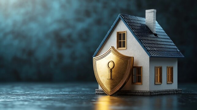 Conceptual image of a house with a security shield representing home protection, safety, and peace of mind in a modern digital world illuminated by soft light