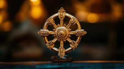 Obraz premium Golden Buddhist Dharma Wheel on Elegant Background