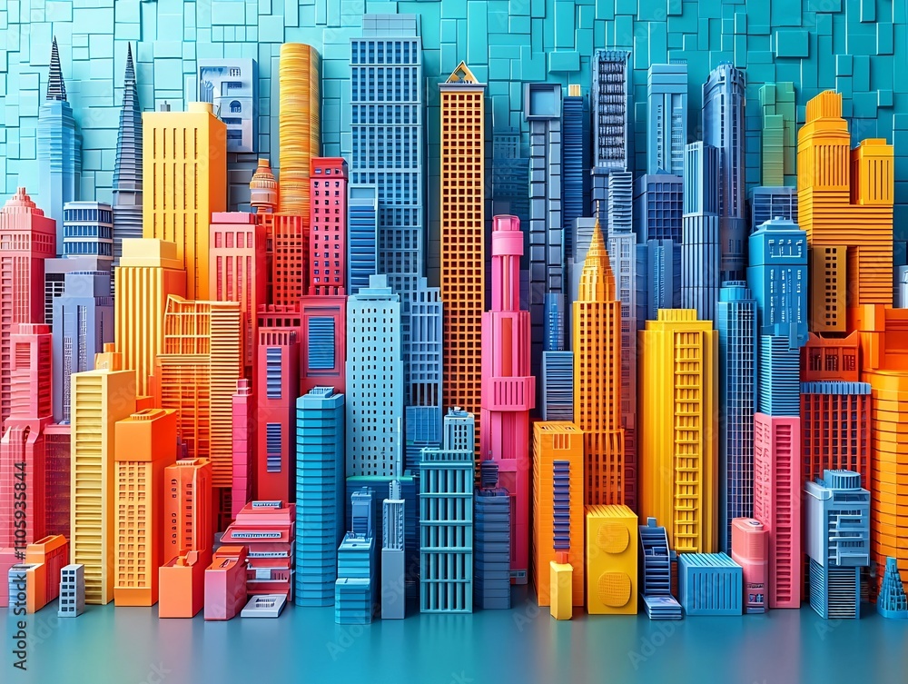Poster futuristic cityscape constructed from colorful building blocks representing educational concepts