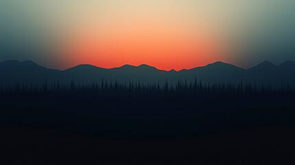 Obraz premium A minimalist orange black gradient wallpaper, with a Mountain View landscape and a silhouette forest