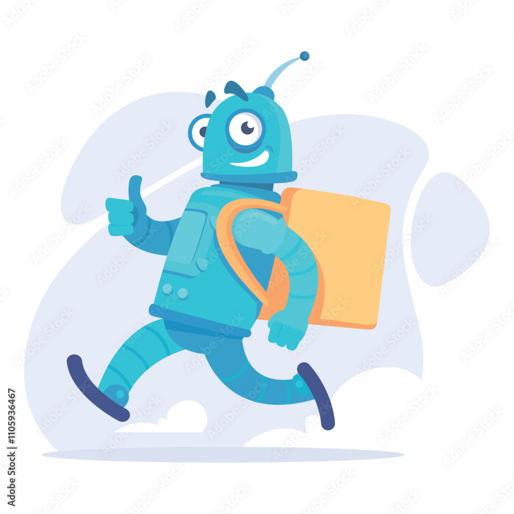Poster robot carry delivery bag as smart android assistant machine vector illustration
