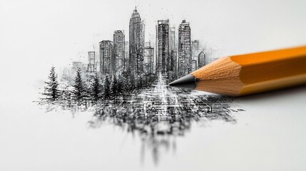 Futuristic City Drawn by a Giant Pencil as Students Collaboratively Build the Future